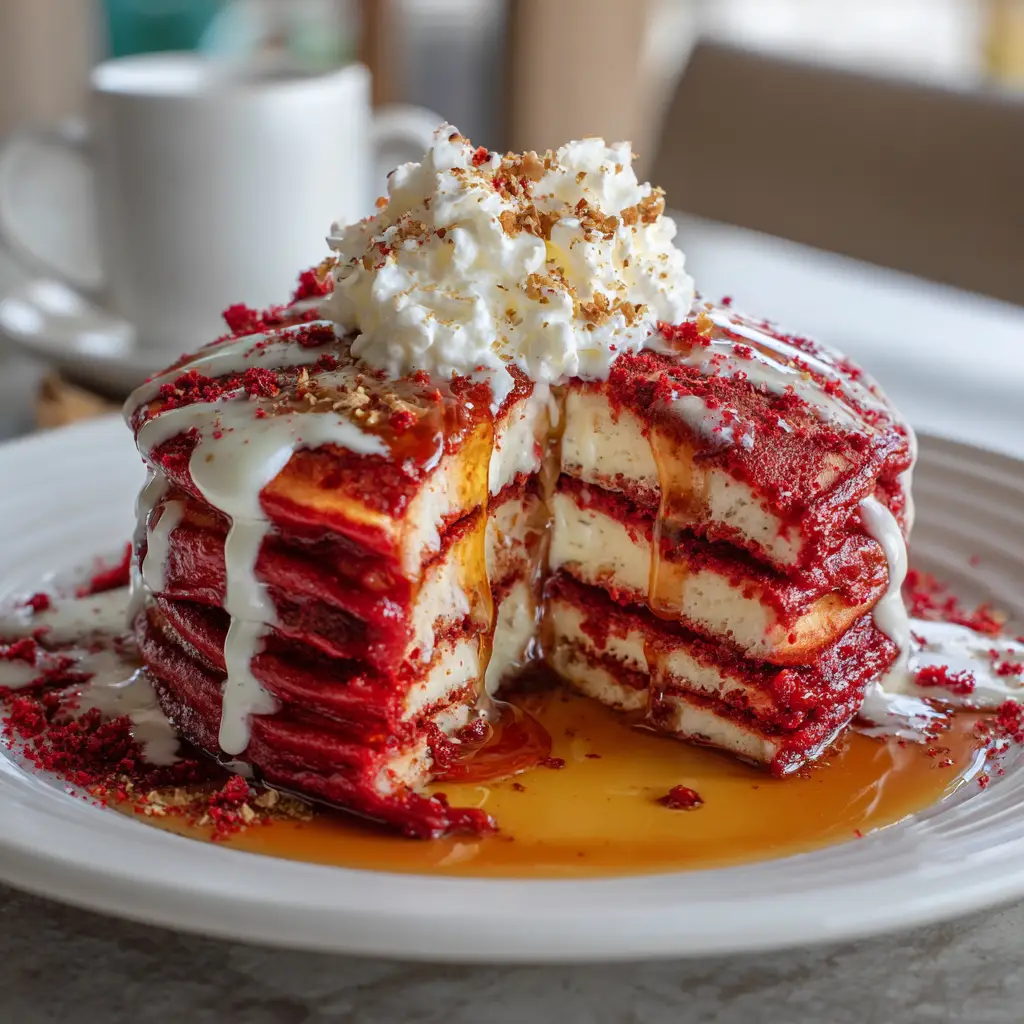 Red Velvet Pancakes with Cream Cheese Glaze