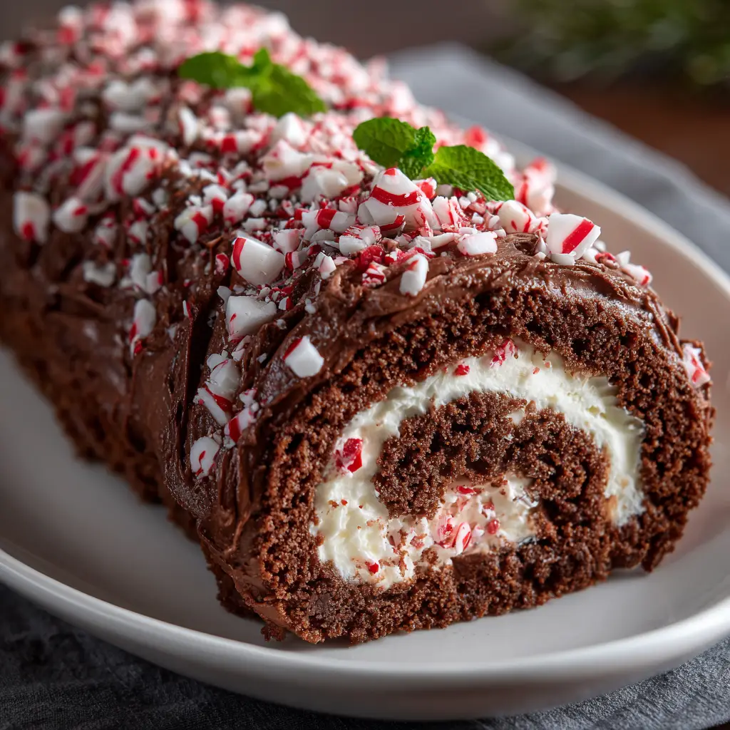 Chocolate peppermint bark roll cake