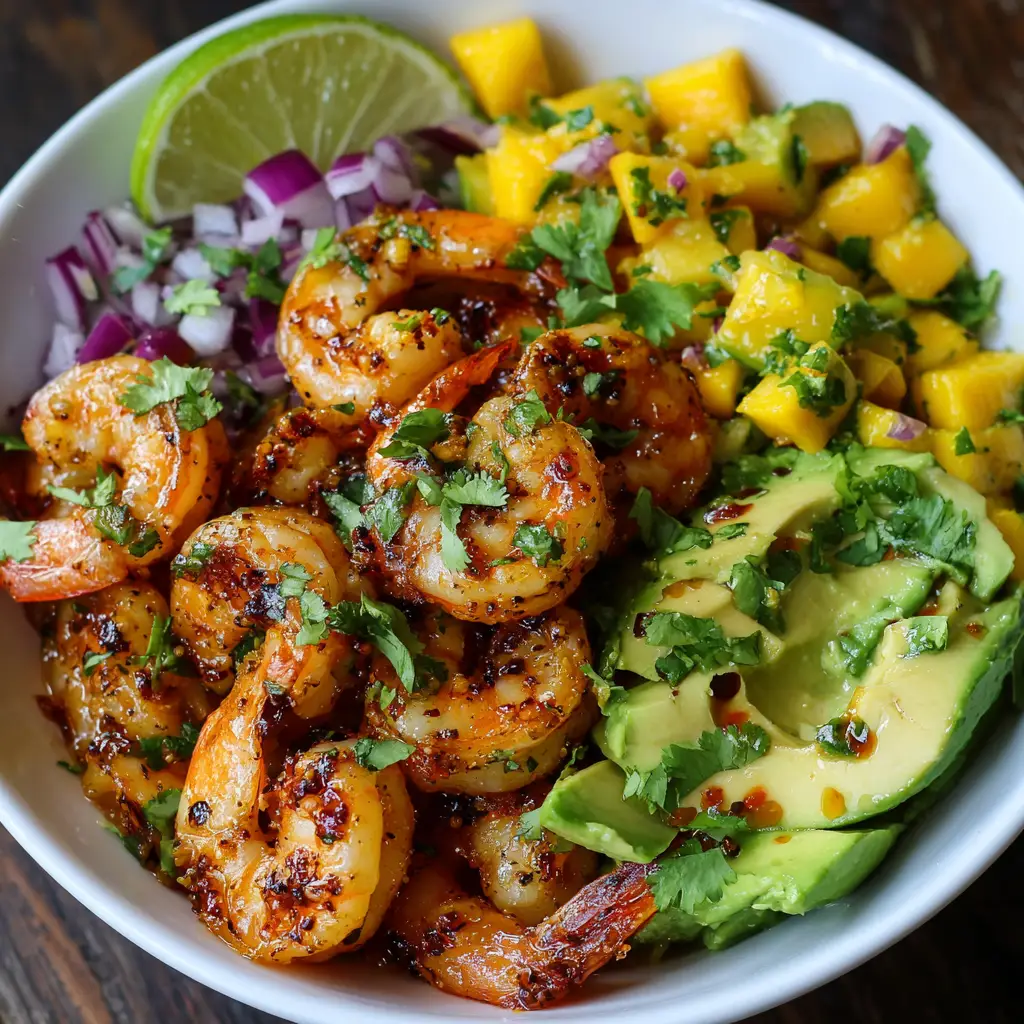 “Shrimp and Avocado Bowls with Mango Salsa & Lime-Chili Sauce