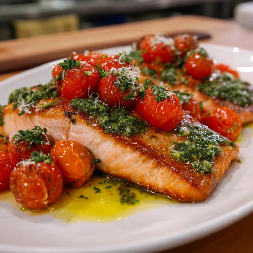“Salmon with Pesto and Blistered Tomatoes