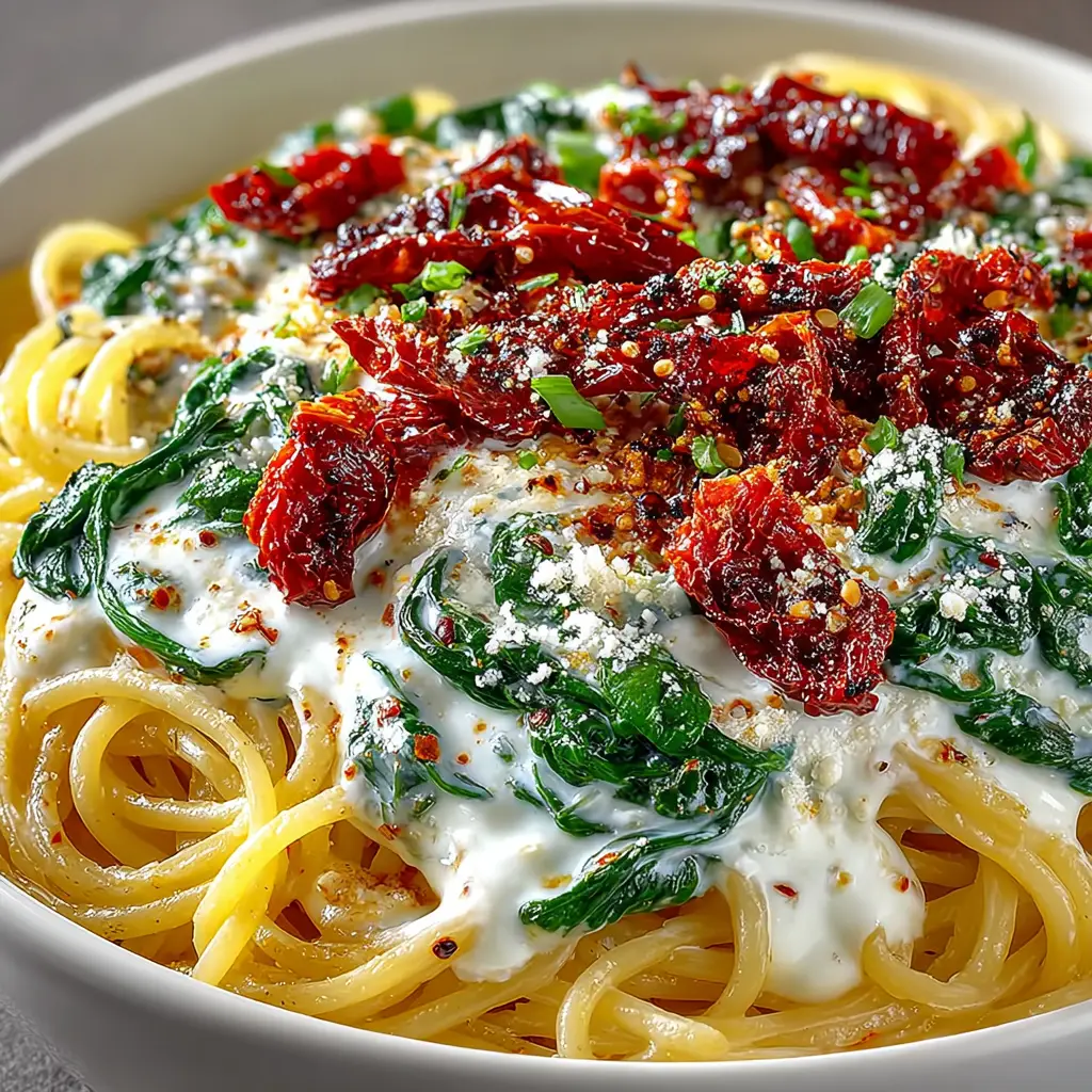 Spaghetti & Spinach with Sun-Dried Tomato Cream Sauce