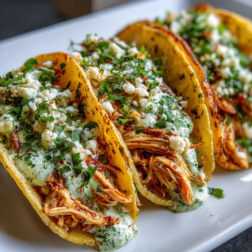 Shredded Chicken Tacos with Creamy Chimichurri Sauce