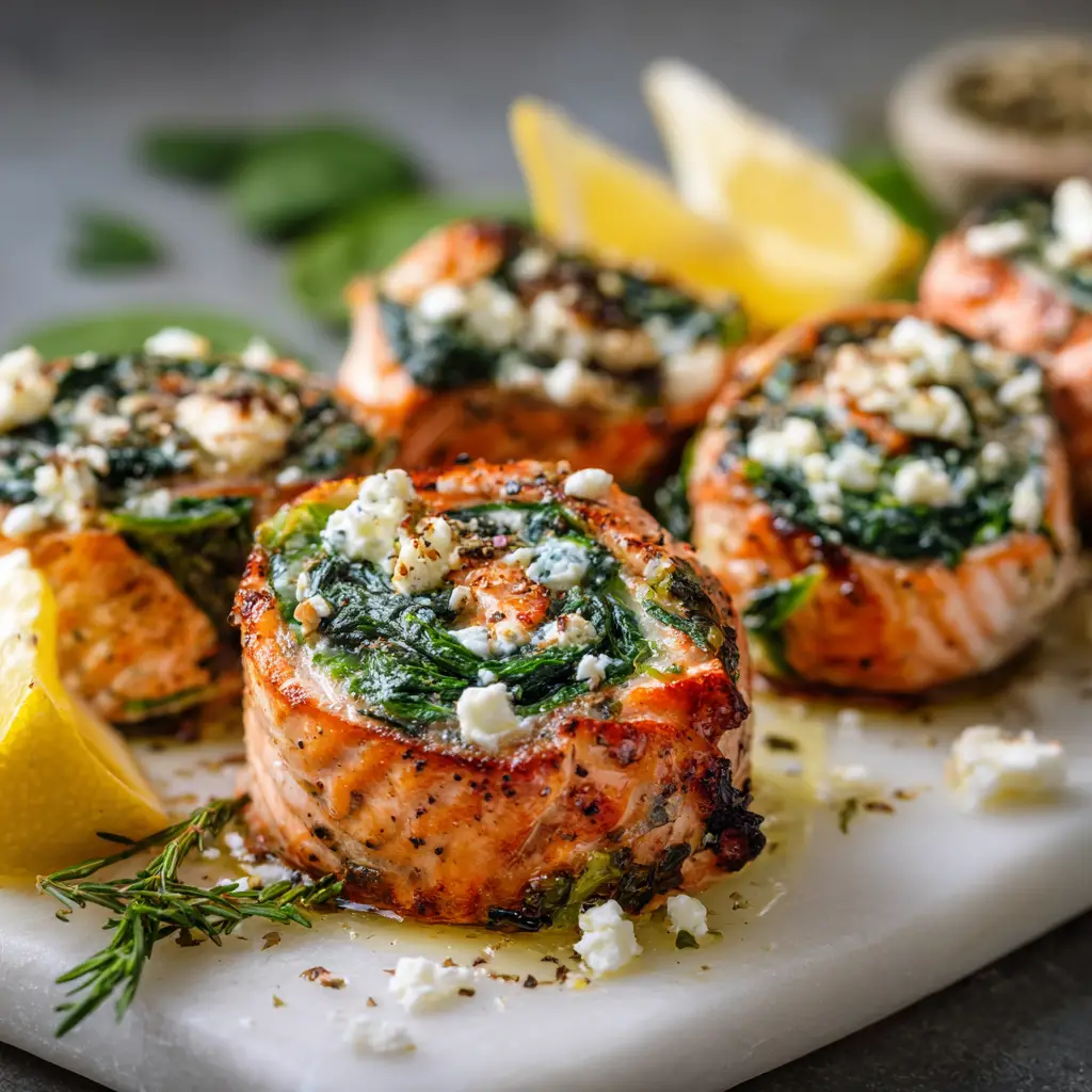 Spinach &amp; Feta Stuffed Salmon Pinwheels